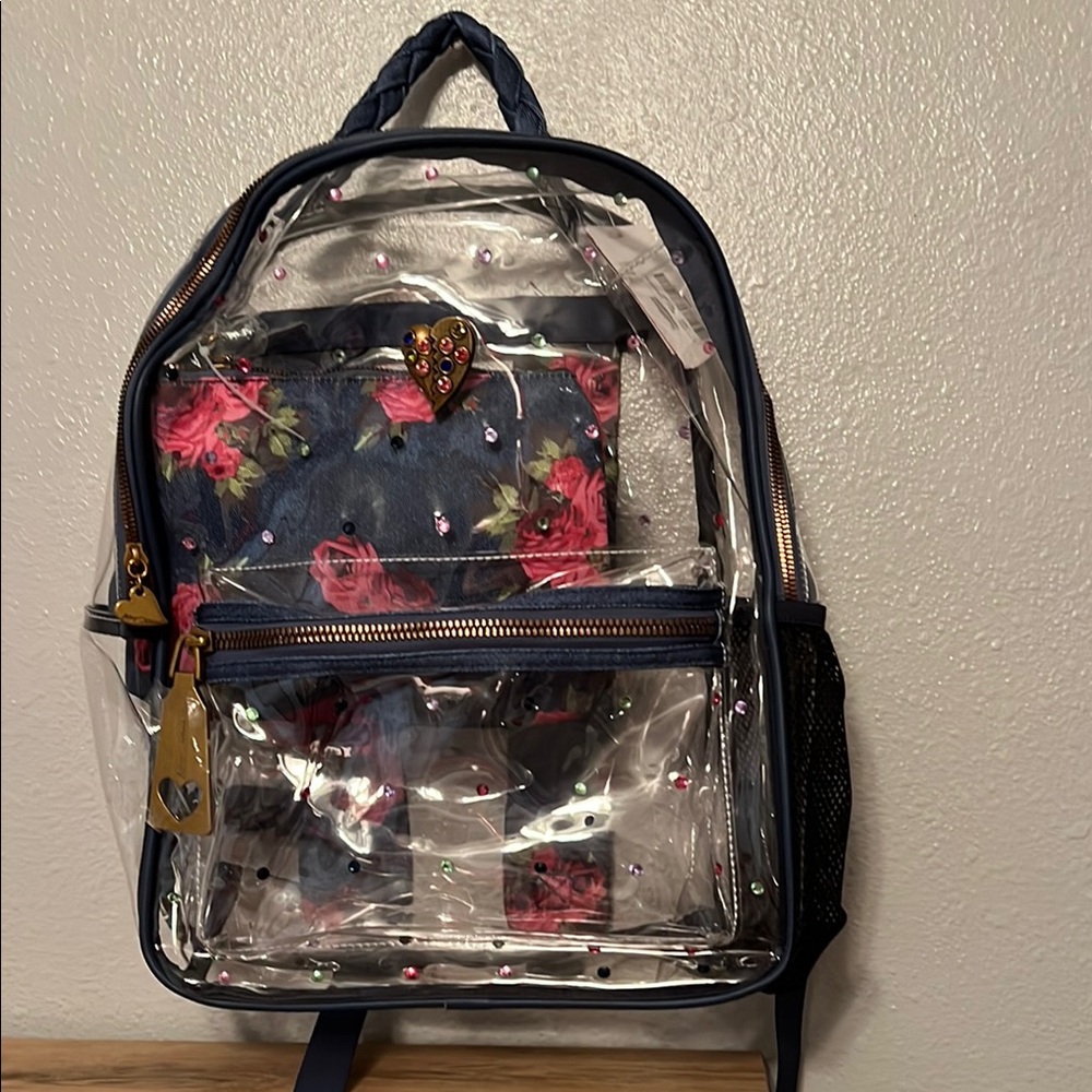 Betsey Johnson Clear Backpack with Floral Print and Denim Accents 12x16